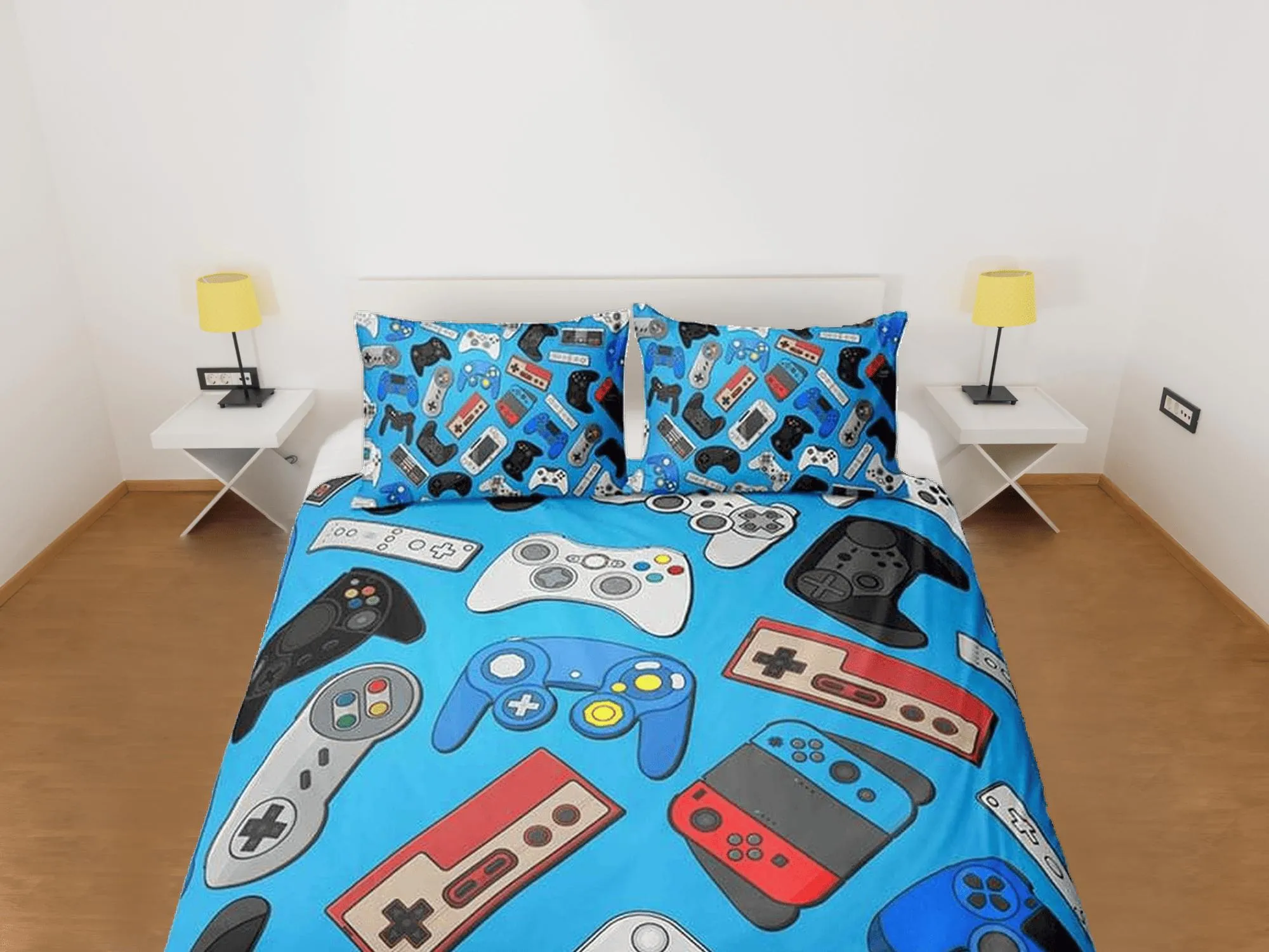 Gamer bedding blue duvet cover, video gamer boyfriend gift bedding set full king queen twin, boys bedroom, college dorm bedding