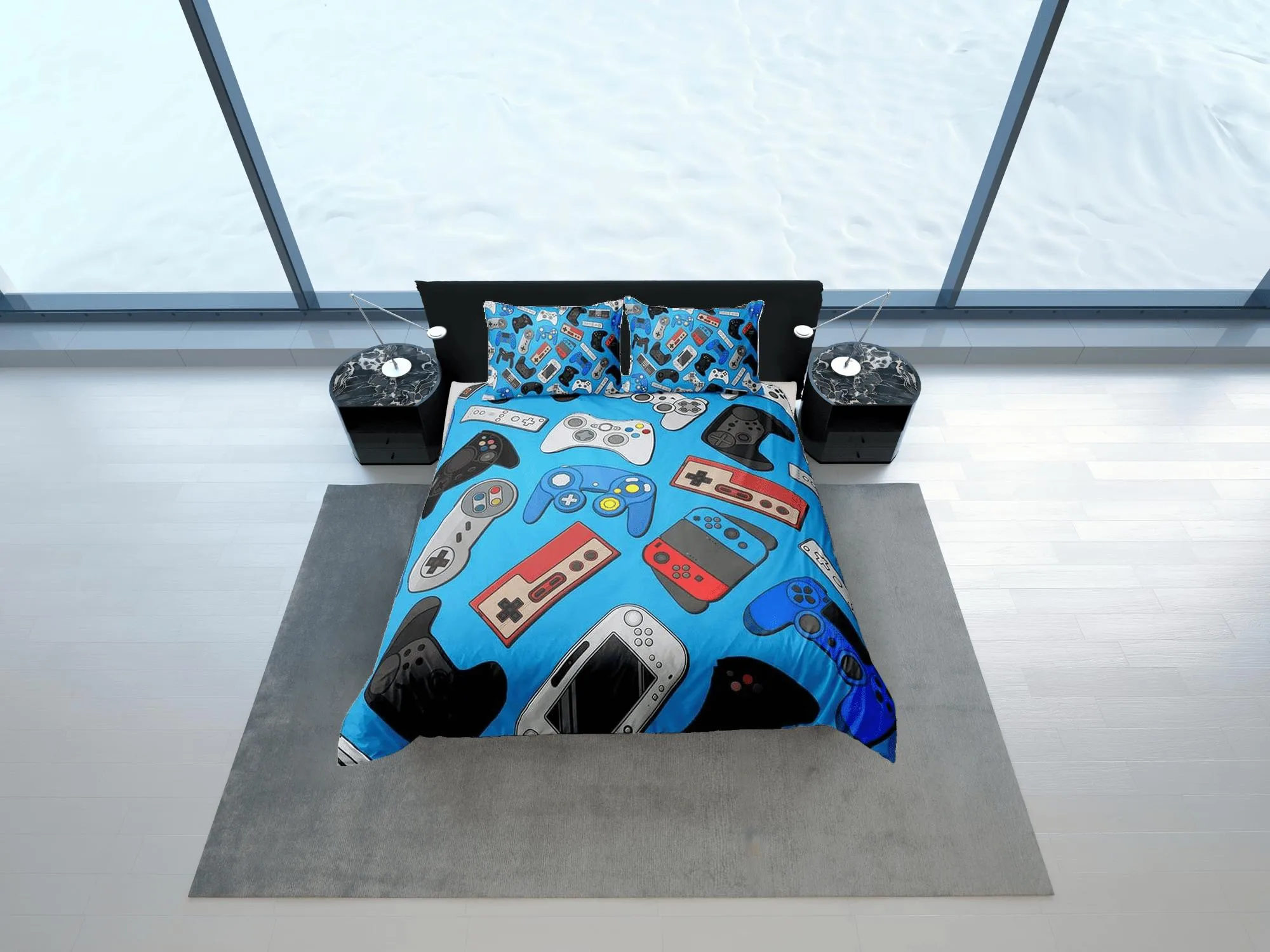 Gamer bedding blue duvet cover, video gamer boyfriend gift bedding set full king queen twin, boys bedroom, college dorm bedding