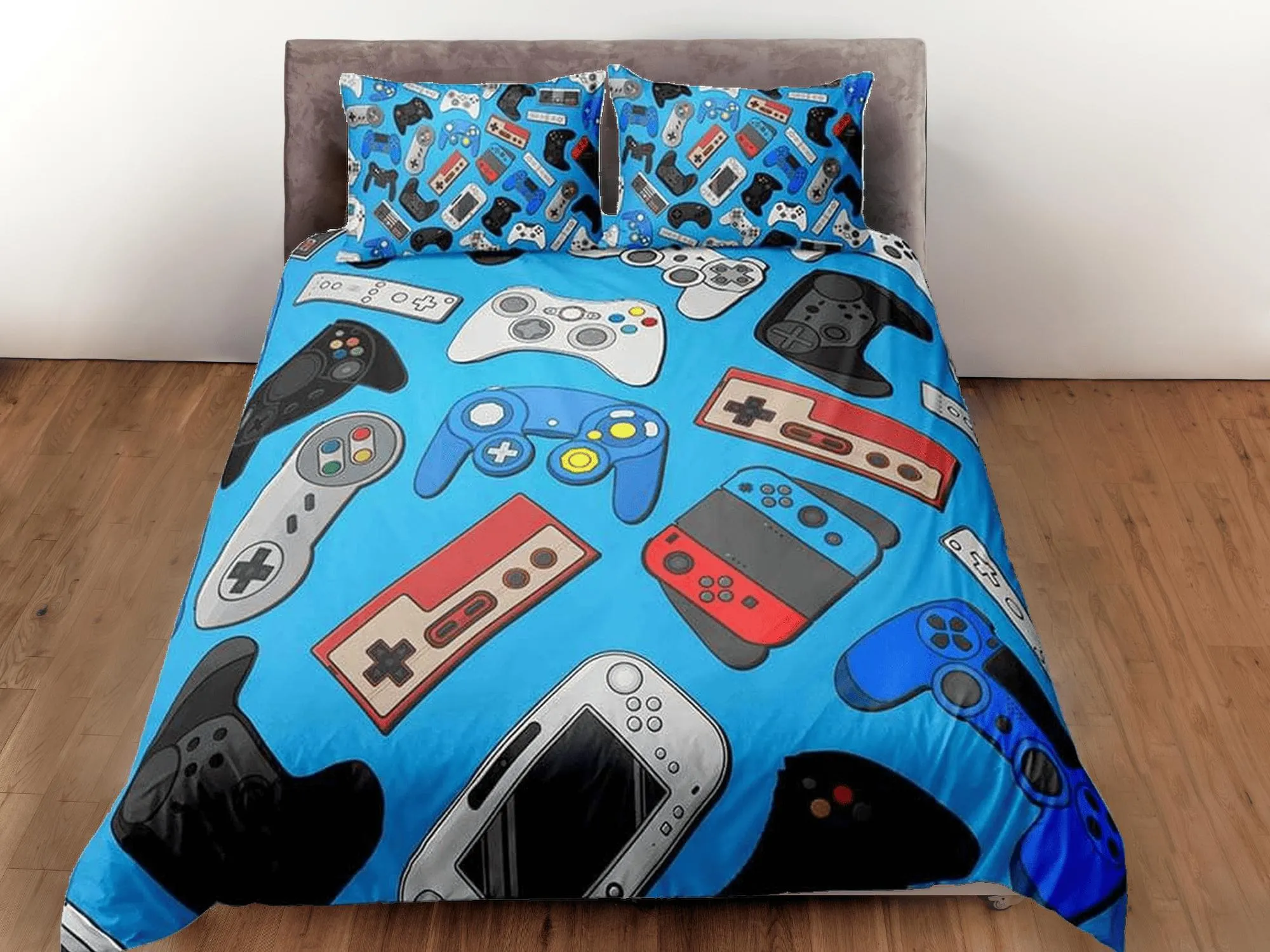 Gamer bedding blue duvet cover, video gamer boyfriend gift bedding set full king queen twin, boys bedroom, college dorm bedding