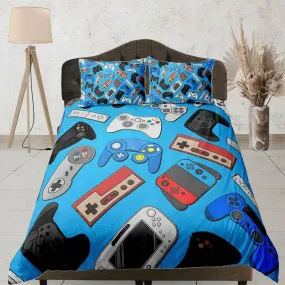 Gamer bedding blue duvet cover, video gamer boyfriend gift bedding set full king queen twin, boys bedroom, college dorm bedding