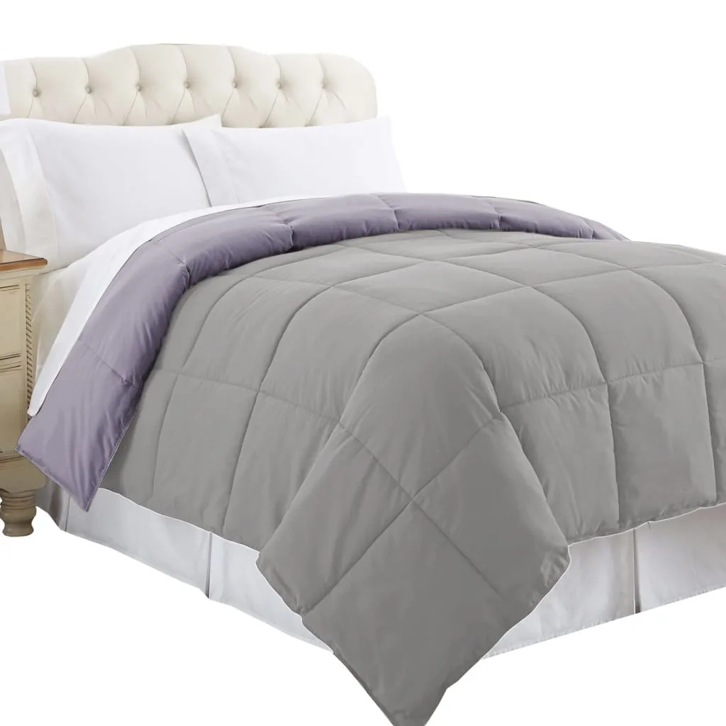 Genoa King Size Box Quilted Reversible Comforter By Casagear Home, Purple and Gray