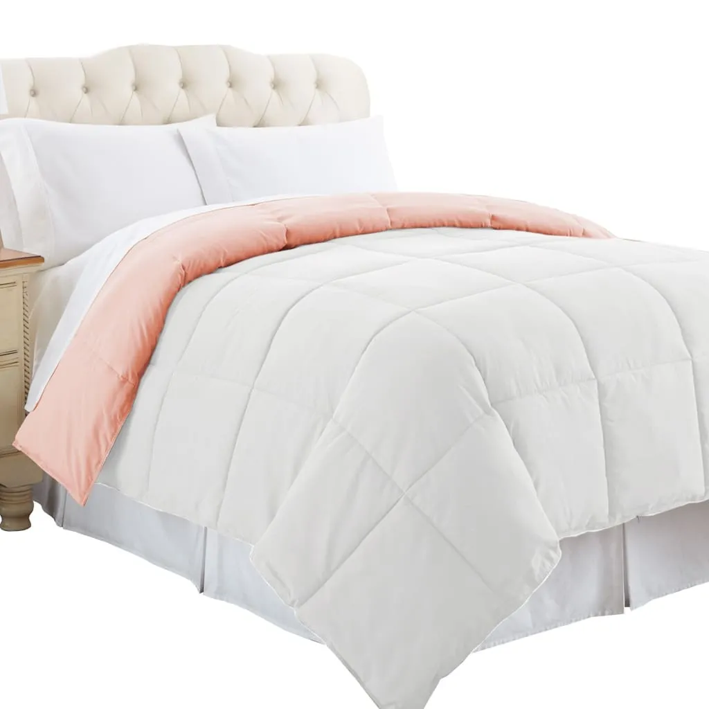 Genoa Queen Size Box Quilted Reversible Comforter By Casagear Home, White and Pink