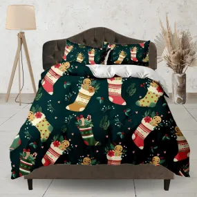 Gingerbread in Santa Claus Socks Christmas bedding & pillowcase holiday gift duvet cover king queen toddler bedding baby Christmas farmhouse