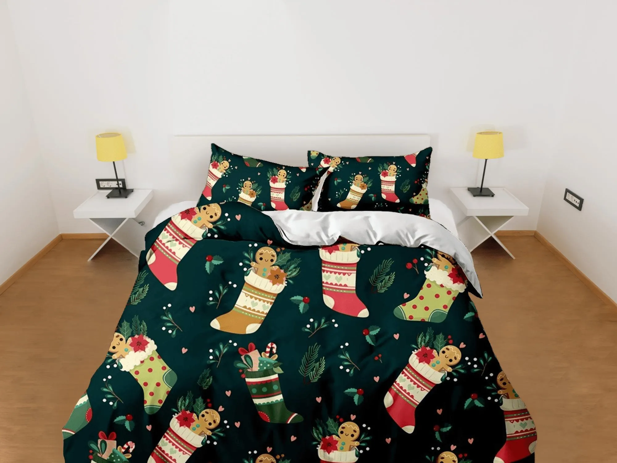 Gingerbread in Santa Claus Socks Christmas bedding & pillowcase holiday gift duvet cover king queen toddler bedding baby Christmas farmhouse