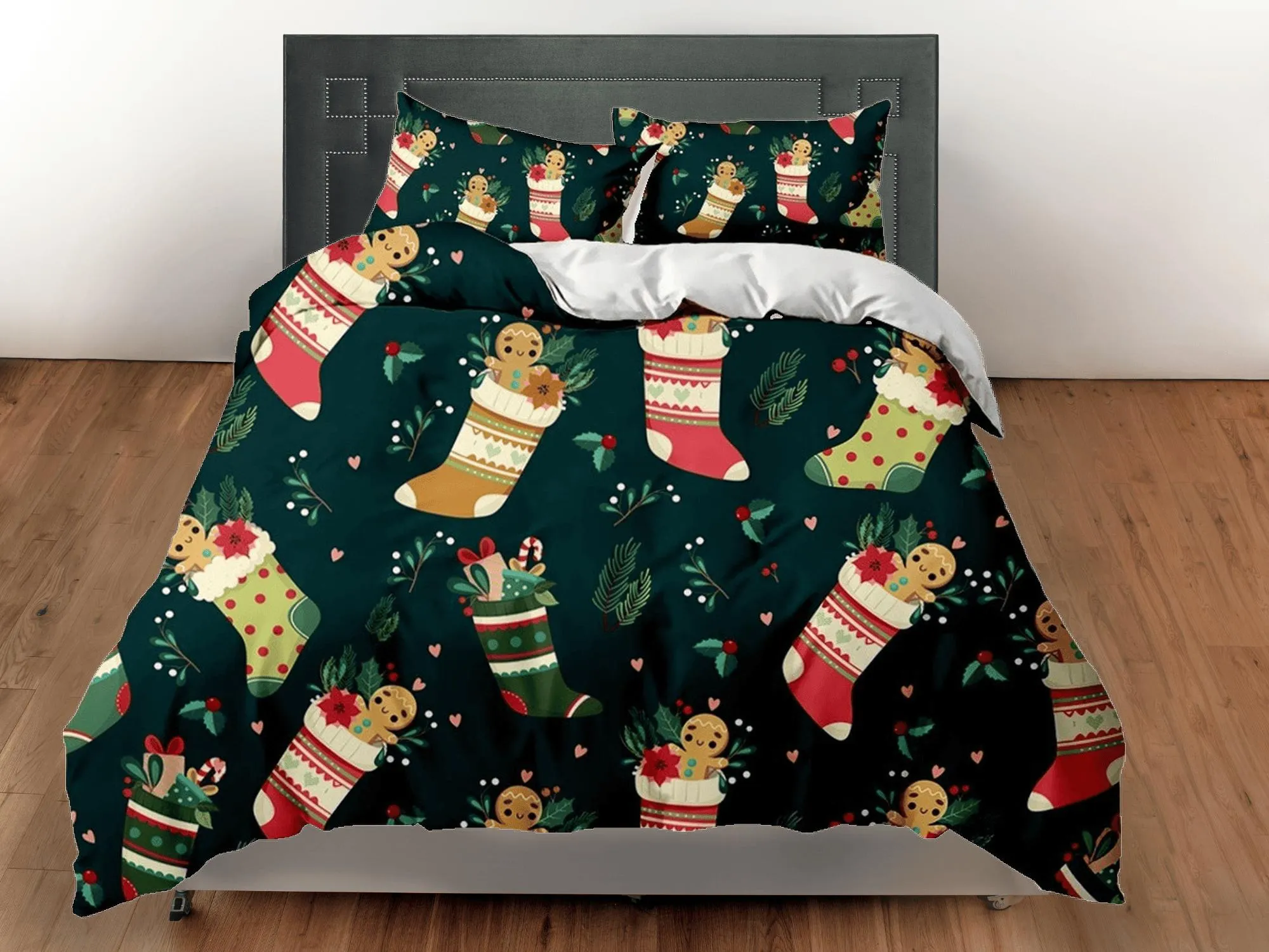 Gingerbread in Santa Claus Socks Christmas bedding & pillowcase holiday gift duvet cover king queen toddler bedding baby Christmas farmhouse