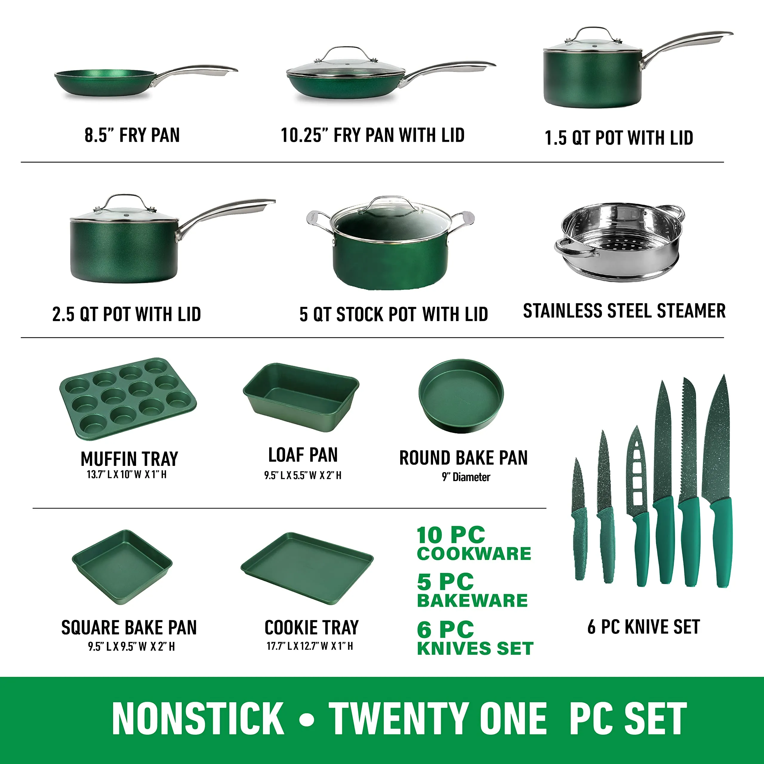 Green 20 Pc Pots and Pans Set Nonstick, Kitchen Cookware Set & Bakeware Set with Mineral & Diamond Coating