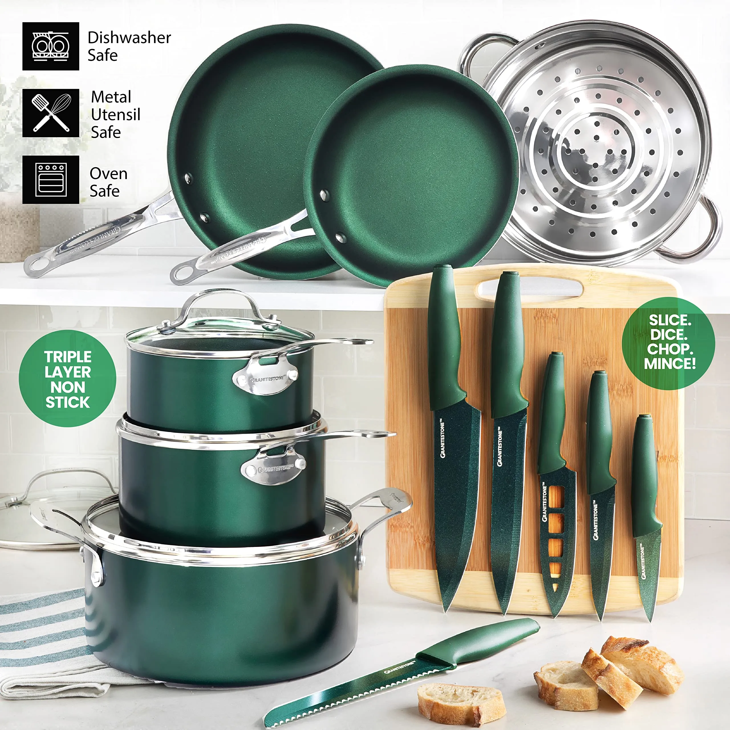 Green 20 Pc Pots and Pans Set Nonstick, Kitchen Cookware Set & Bakeware Set with Mineral & Diamond Coating