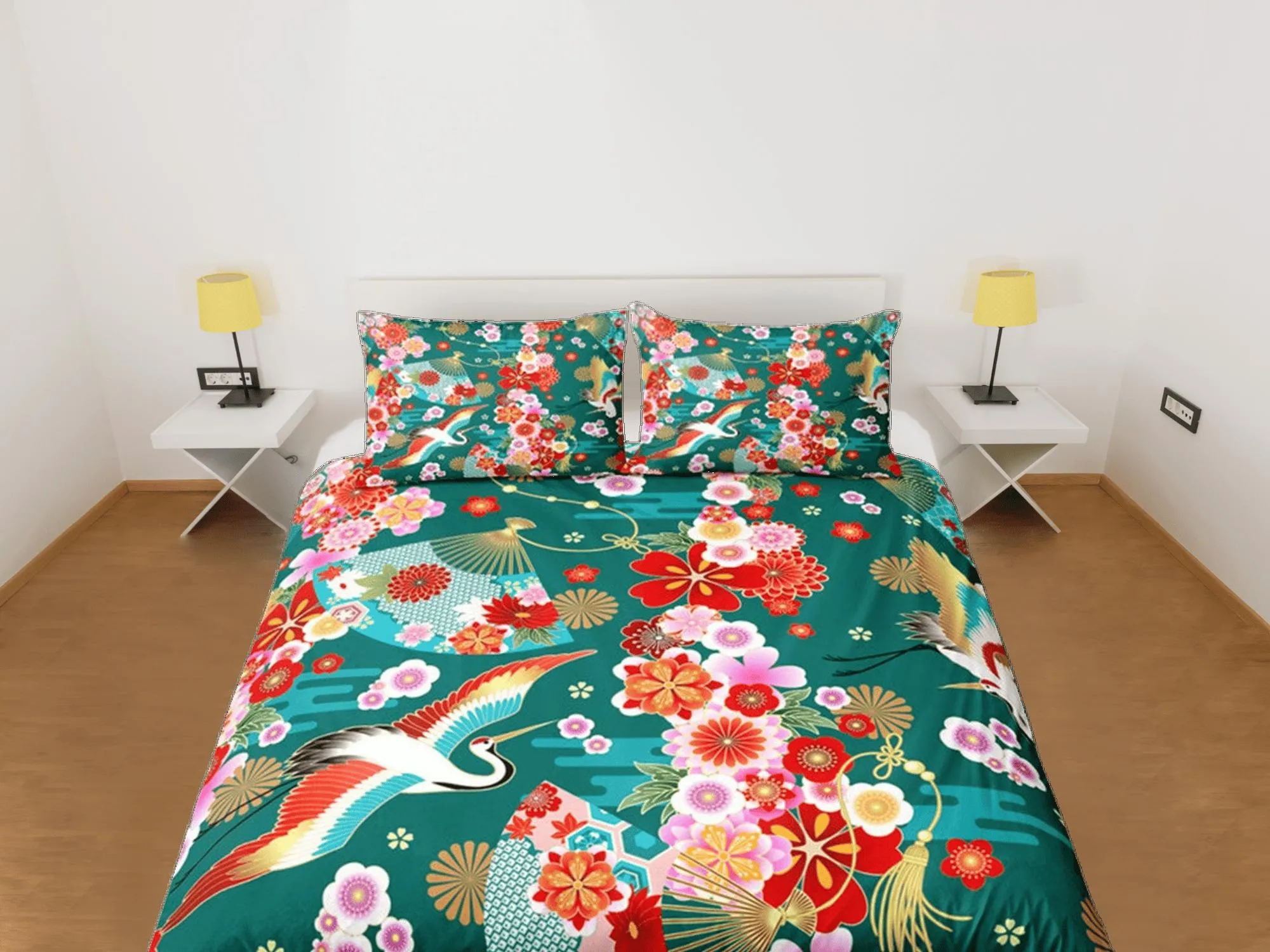 Green Bedding Japanese Crane Floral Duvet Cover Set Colorful Bedspread, Dorm Bedding with Pillowcase,