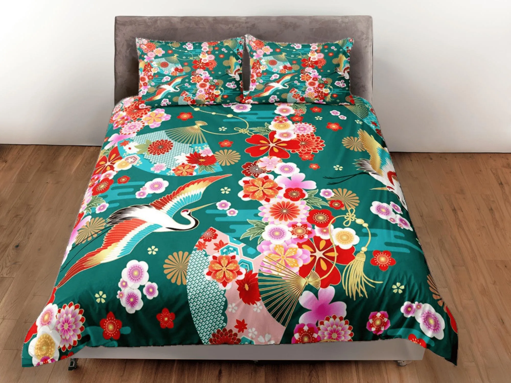 Green Bedding Japanese Crane Floral Duvet Cover Set Colorful Bedspread, Dorm Bedding with Pillowcase,