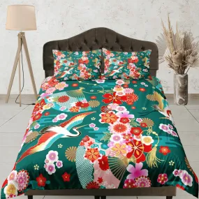 Green Bedding Japanese Crane Floral Duvet Cover Set Colorful Bedspread, Dorm Bedding with Pillowcase,