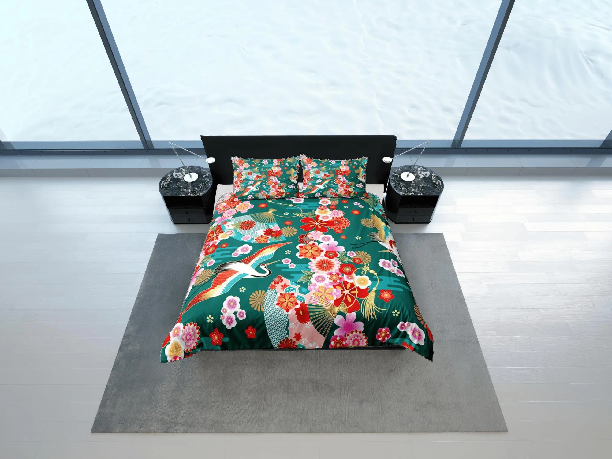 Green Bedding Japanese Crane Floral Duvet Cover Set Colorful Bedspread, Dorm Bedding with Pillowcase,