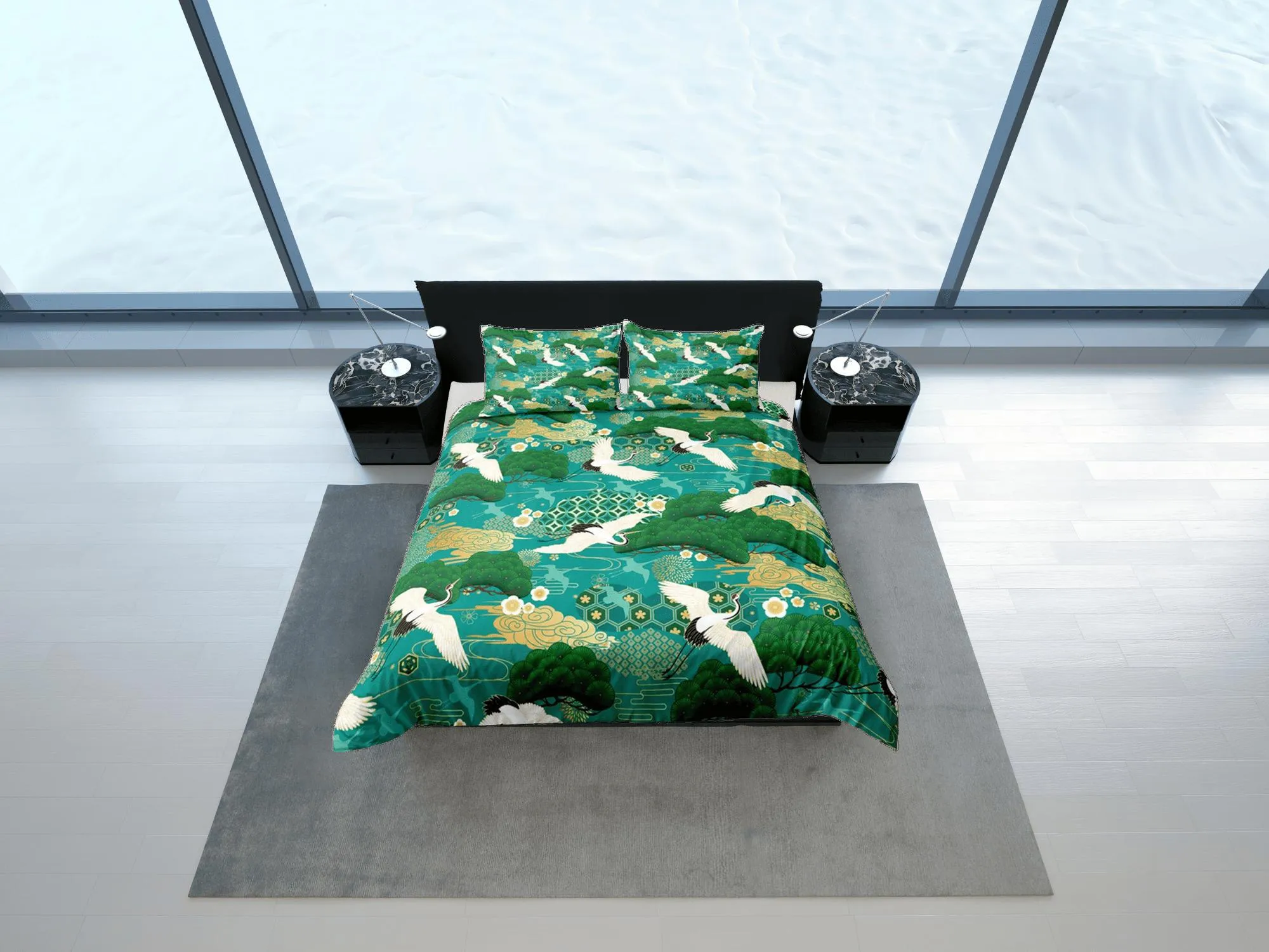 Green Duvet Cover Set Japanese Crane Bird Bedspread, Dorm Bedding with Pillowcase