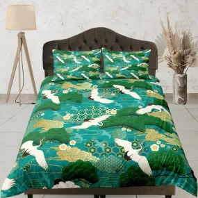 Green Duvet Cover Set Japanese Crane Bird Bedspread, Dorm Bedding with Pillowcase