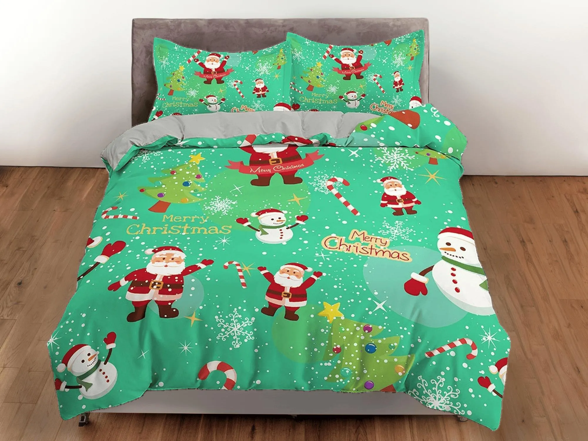 Green santa claus and snowman duvet cover set, christmas full size bedding & pillowcase, college bedding, crib toddler bedding, holiday gift