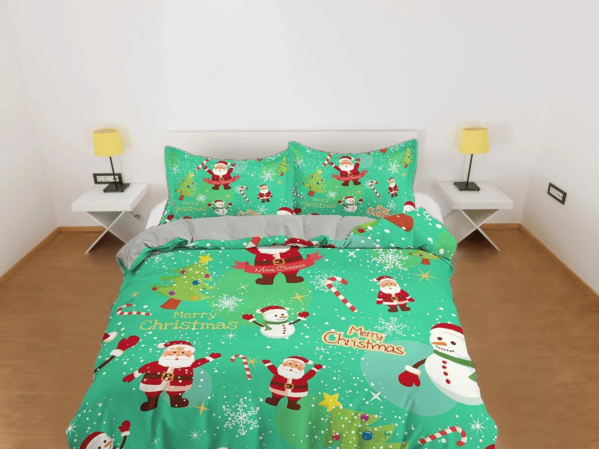 Green santa claus and snowman duvet cover set, christmas full size bedding & pillowcase, college bedding, crib toddler bedding, holiday gift