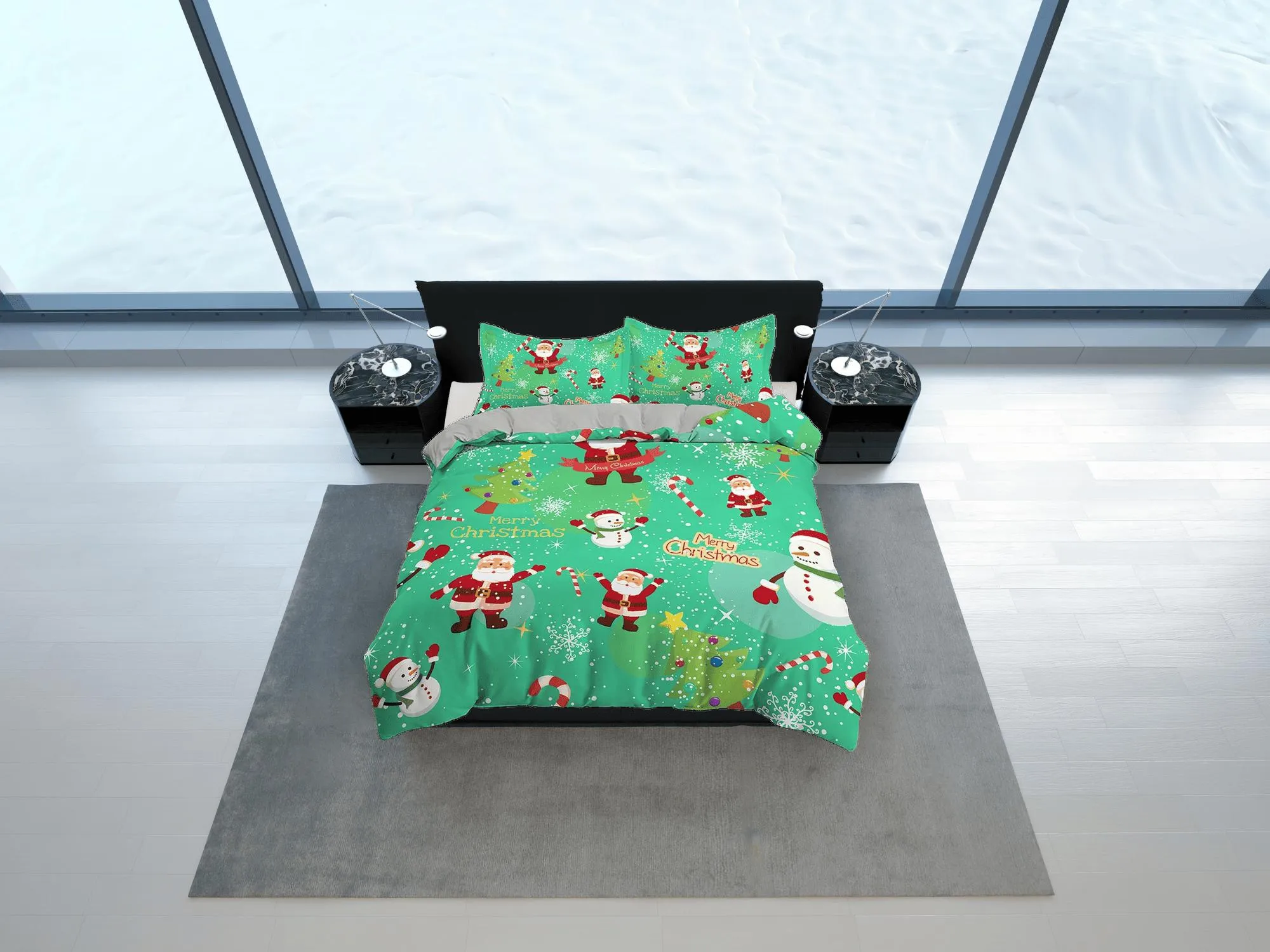 Green santa claus and snowman duvet cover set, christmas full size bedding & pillowcase, college bedding, crib toddler bedding, holiday gift