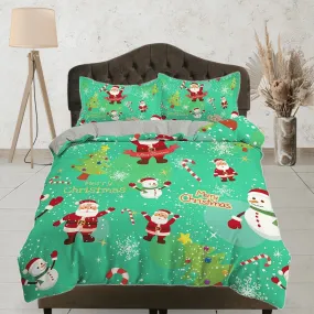 Green santa claus and snowman duvet cover set, christmas full size bedding & pillowcase, college bedding, crib toddler bedding, holiday gift