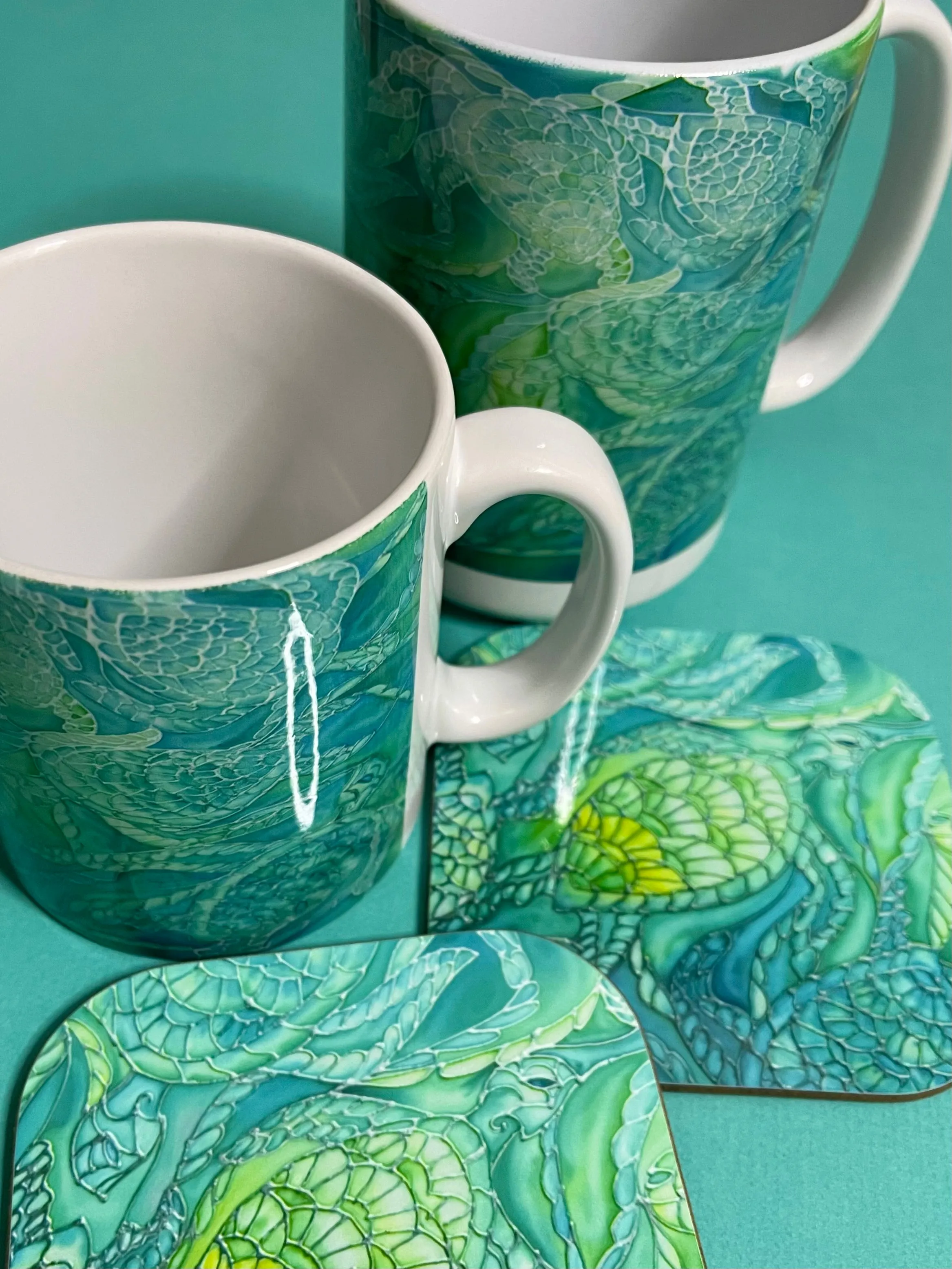 Green Turtles Mug and Coaster - Extra Large & Regular Mug Sizes Turtles Lovers Mug Gift Box Set -