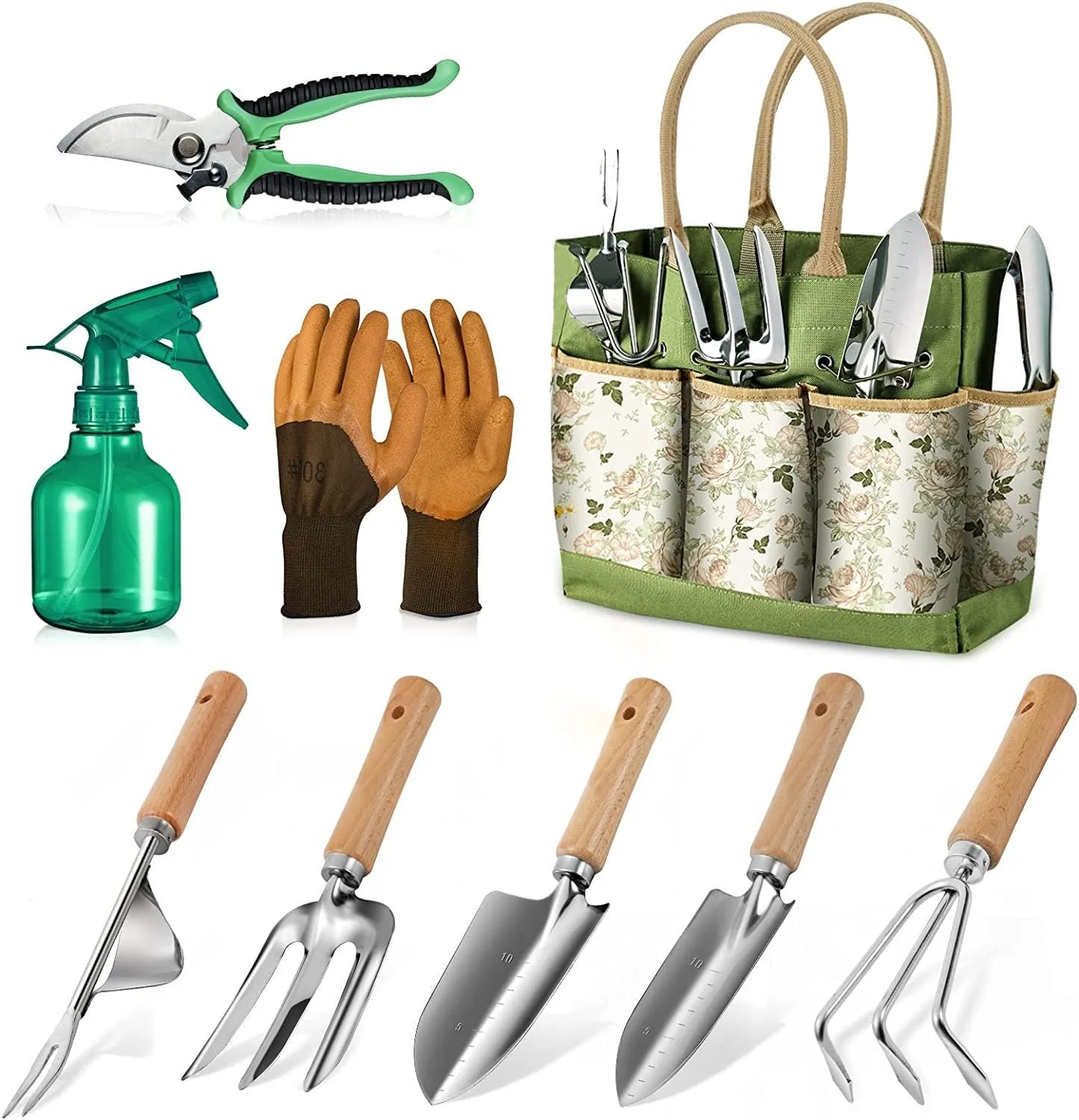 Grenebo Gardening Tools | Gardening Gifts for Women |  9-Piece Heavy Duty Garden Tool Set