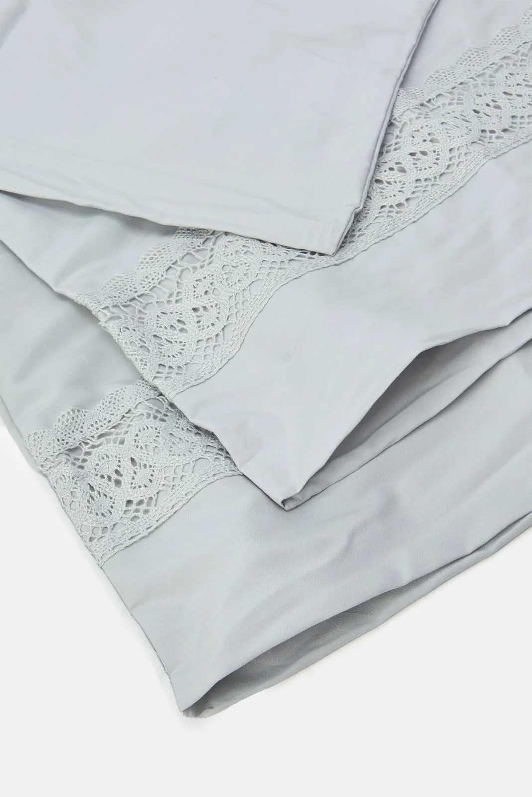 Grey 3 Piece Lace Trim Duvet Cover Set (Double Size)