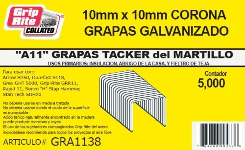 Grip-Rite GRA1138 Hammer Tacker 3/8-Inch by 18 Gauge 3/8-Inch Crown Galvanized Staple (5,000 per Box)