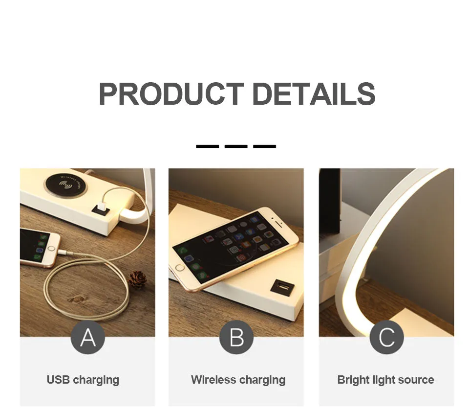 IIS 15W LED Desk Lamp with phone Wireless Charger DC5V USB Charging Port Dimmable Eye-Caring