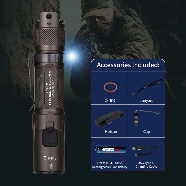 JETBeam® TH10R Tactical Flashlight, LED Torch, USB Rechargeable Flash Light 2000LM, Battery Included