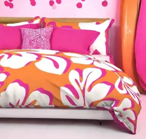 Juicy Orange, White and Surfer Girl Pink Hibiscus and Hawaiian Flowers Duvet Cover - Large Scale