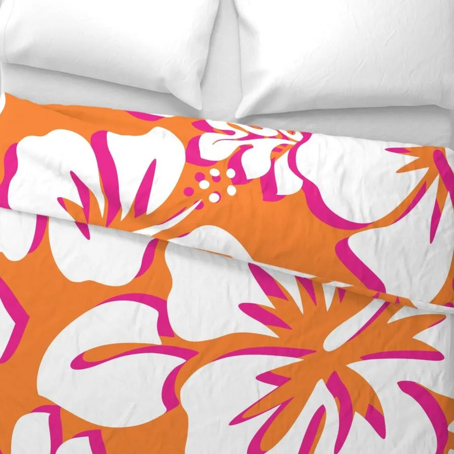 Juicy Orange, White and Surfer Girl Pink Hibiscus and Hawaiian Flowers Duvet Cover - Large Scale