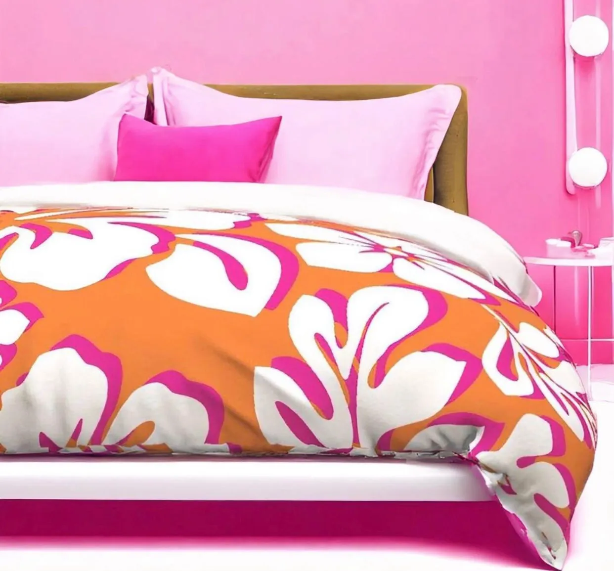 Juicy Orange, White and Surfer Girl Pink Hibiscus and Hawaiian Flowers Duvet Cover - Large Scale