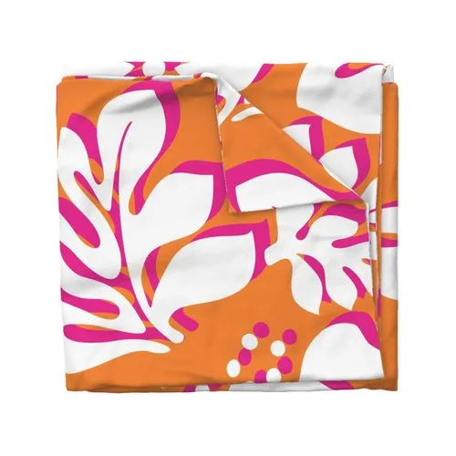 Juicy Orange, White and Surfer Girl Pink Hibiscus and Hawaiian Flowers Duvet Cover - Large Scale