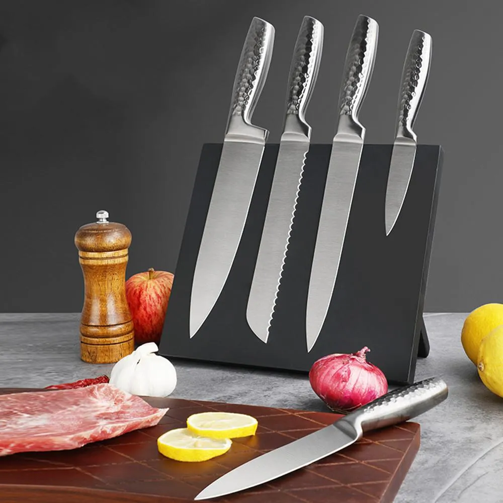 Kitchen Knife Set with Magnetic Knife Holder, 6 Pieces Titanium Plated Stainless Steel Sharp Kitchen Chef's Knife Including Chef's Knife, Bread Knife