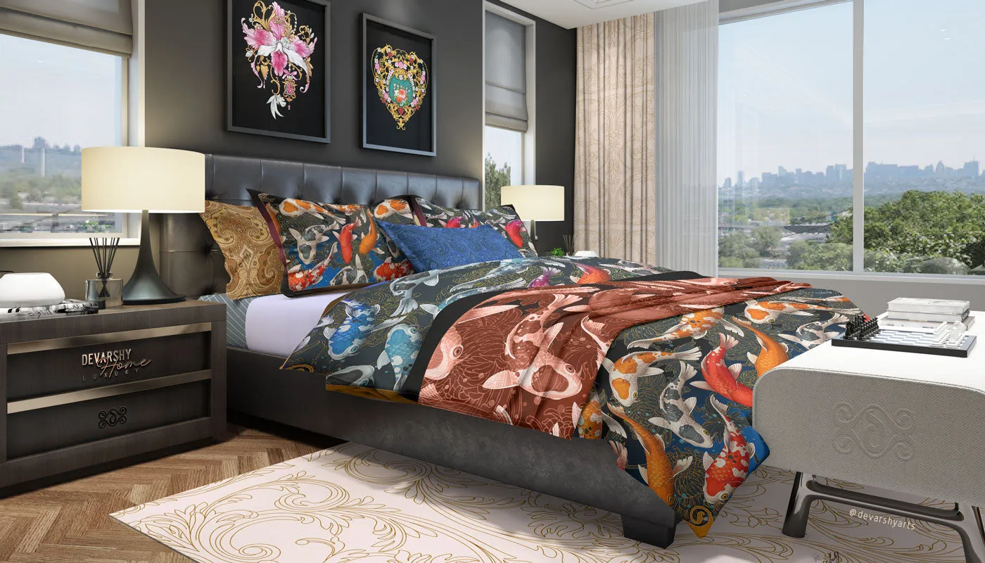 Koi Fish Printed Duvet Cover, Twin, Queen, King Size Bedding, Luxury Bed Linen, Devarshy Home