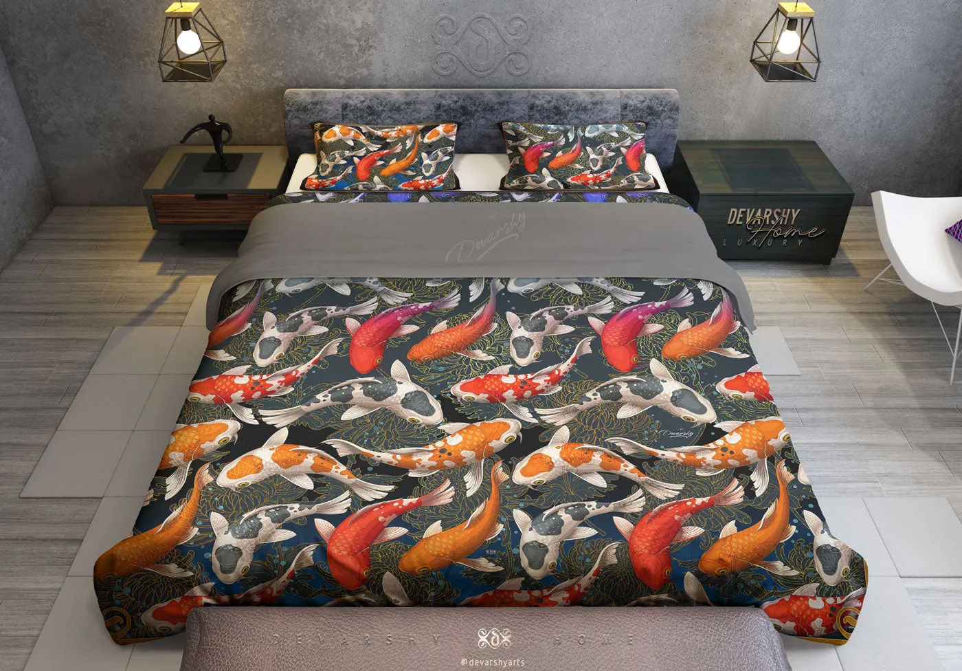 Koi Fish Printed Duvet Cover, Twin, Queen, King Size Bedding, Luxury Bed Linen, Devarshy Home