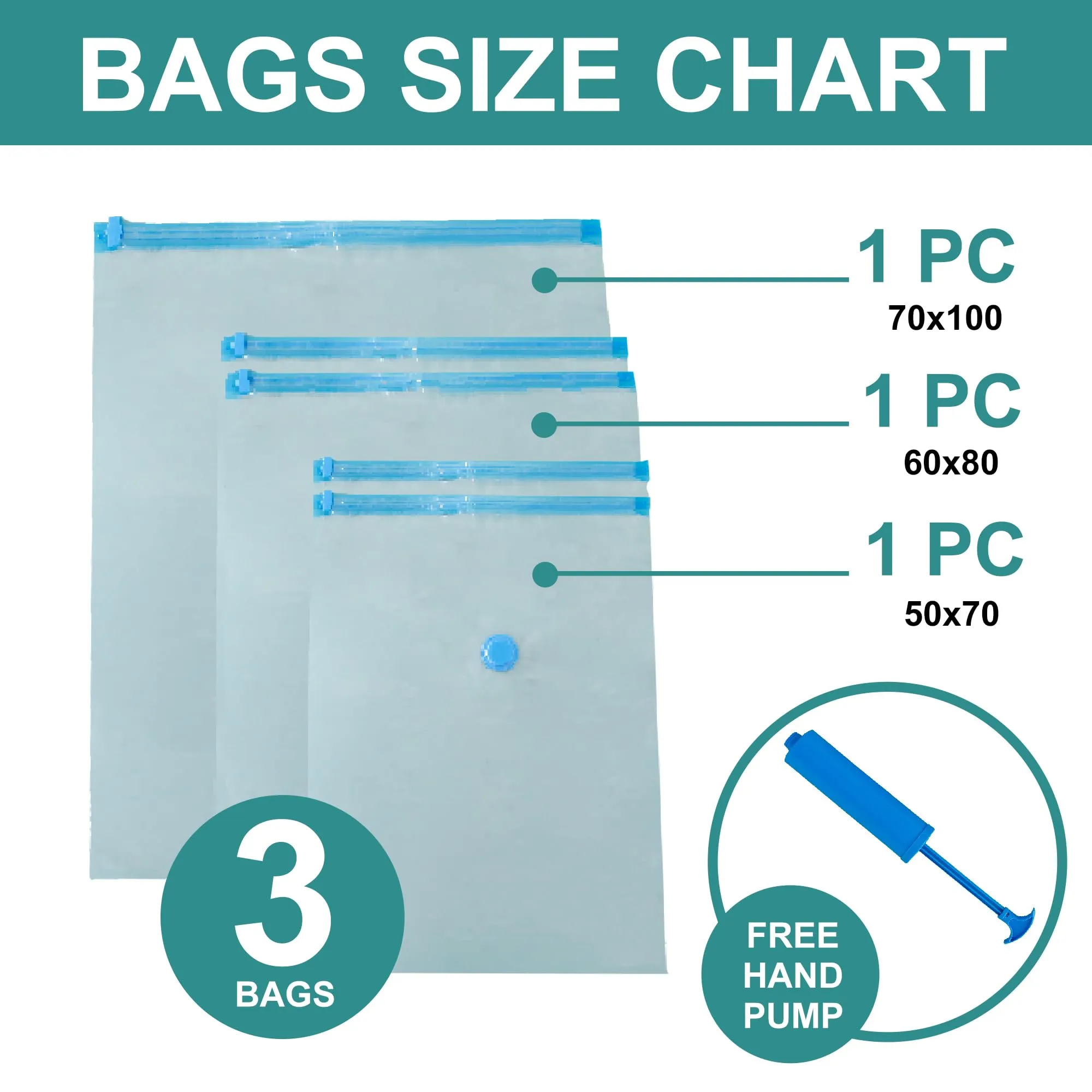 Kuber Industries Set of 3 Vacuum Bags for Storage with Pump | Spacesaver Vaccine Bags for Clothes & Pillows | Sealed Compression Bags for Travel with Hand Air Pump | YLN001 - Blue & Transparent