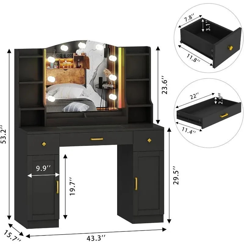 Large Makeup Vanity Desk with Mirror, RGB Lights, and Built-In Power Strip