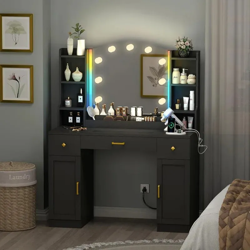 Large Makeup Vanity Desk with Mirror, RGB Lights, and Built-In Power Strip