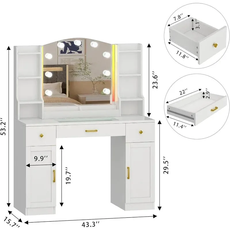 Large Makeup Vanity Desk with Mirror, RGB Lights, and Built-In Power Strip