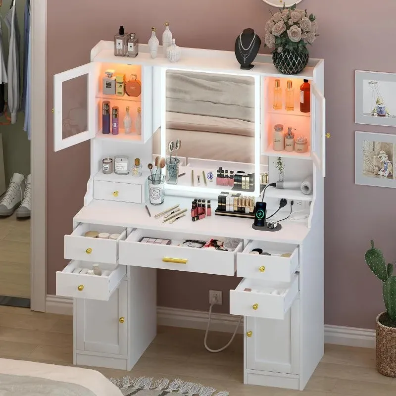 Large Makeup Vanity Desk with Mirror, RGB Lights, and Built-In Power Strip