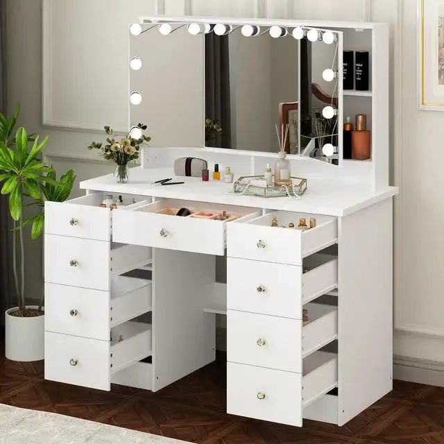 Large Vanity Desk with Mirror, Hollywood Bulbs, and 9 Drawers