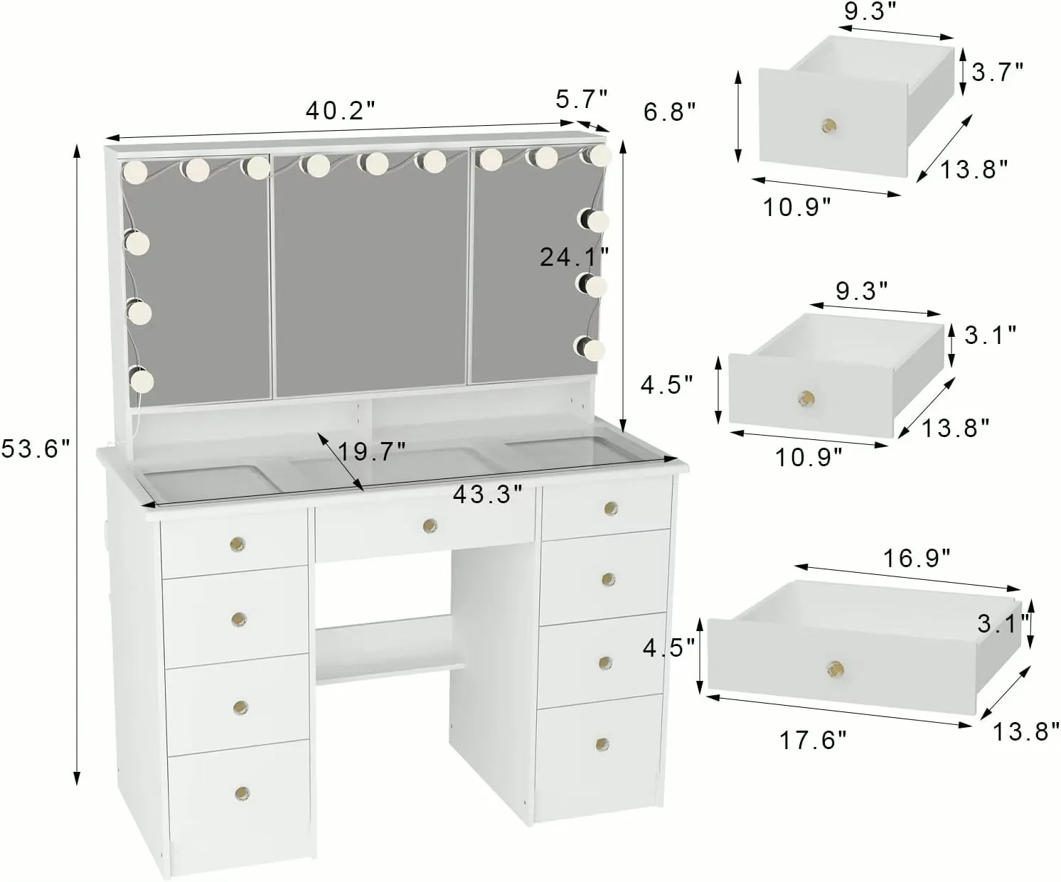 Large Vanity Desk with Mirror, Hollywood Bulbs, and 9 Drawers