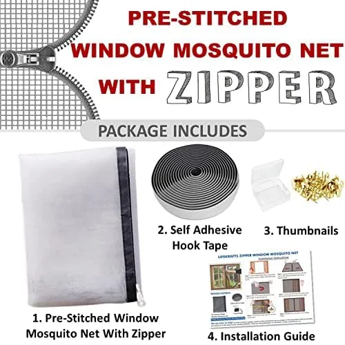 LifeKrafts Pre-Stitched Zipper Window Mosquito Net 120 GSM Fiberglass Net & Strong Self Adhesive Hook Tape. Height 120 cms X Width 120 cms (47x47 inches or 4x4 feet) - White