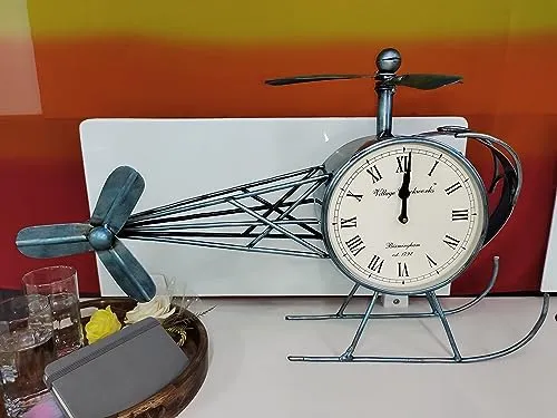 MARMORIS ECOM Handmade Iron Painted Helicopter Table Clock Antique Decorative Style Tabletop Clock for Home/Office (25.5 x 5 x 16 inches)