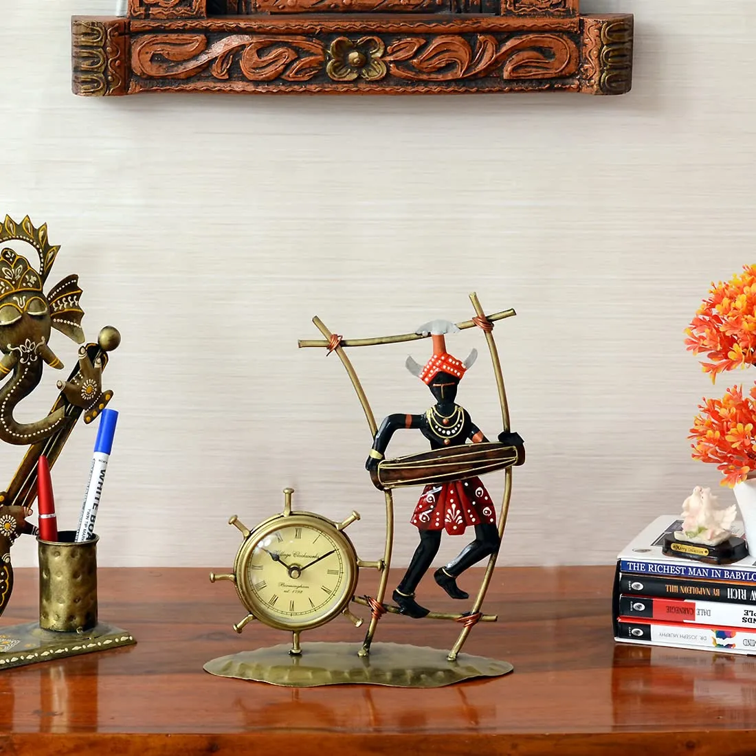 Medieval Arts Table Top Decor Iron Tribal Lady with Table Clock Showpiece Home/Office Decor Item Best Gift