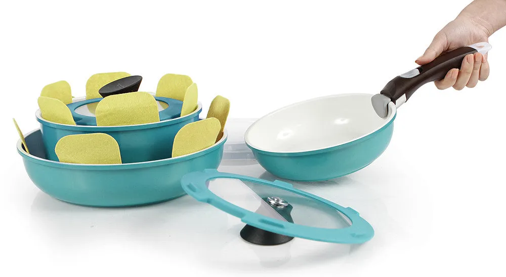 Midas Plus 9 Piece Ceramic Nonstick Cookware Set in Emerald Green, Detachable Handle