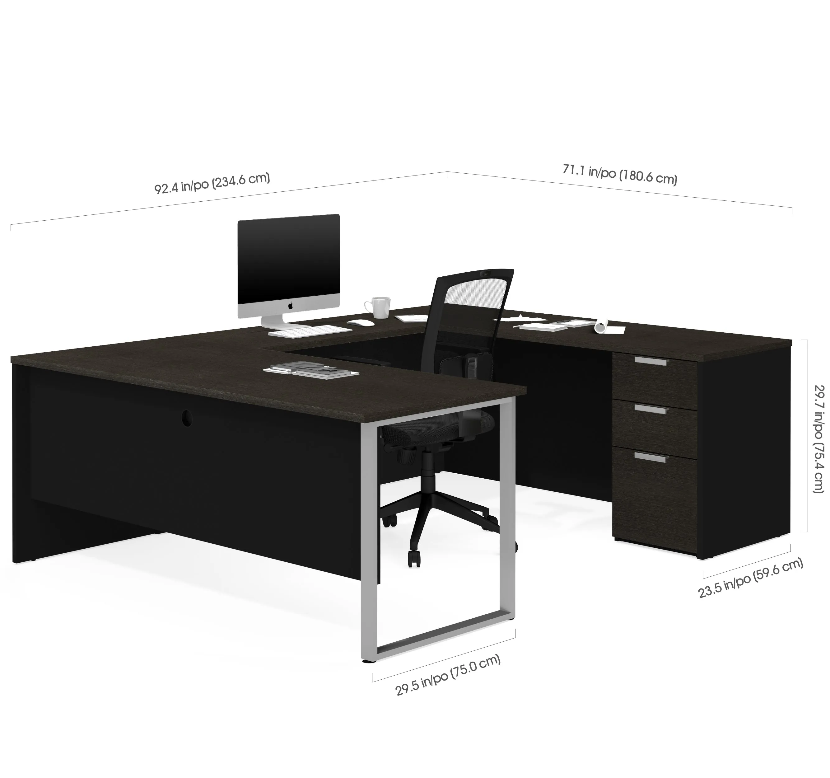 Modern U-shaped Single Pedestal Desk in Deep Gray & Black Finish