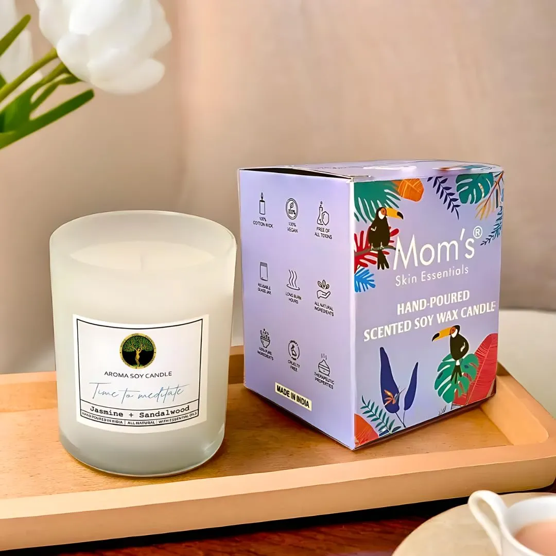 Mom's Skin Essentials Luxury Soy Wax Scented Candle 100% Soy Wax Smoke-Free Ideal for Home Decor, Gifting and Aromatherapy 435 gm (Sandalwood) Upto 50 Hours Burning Time