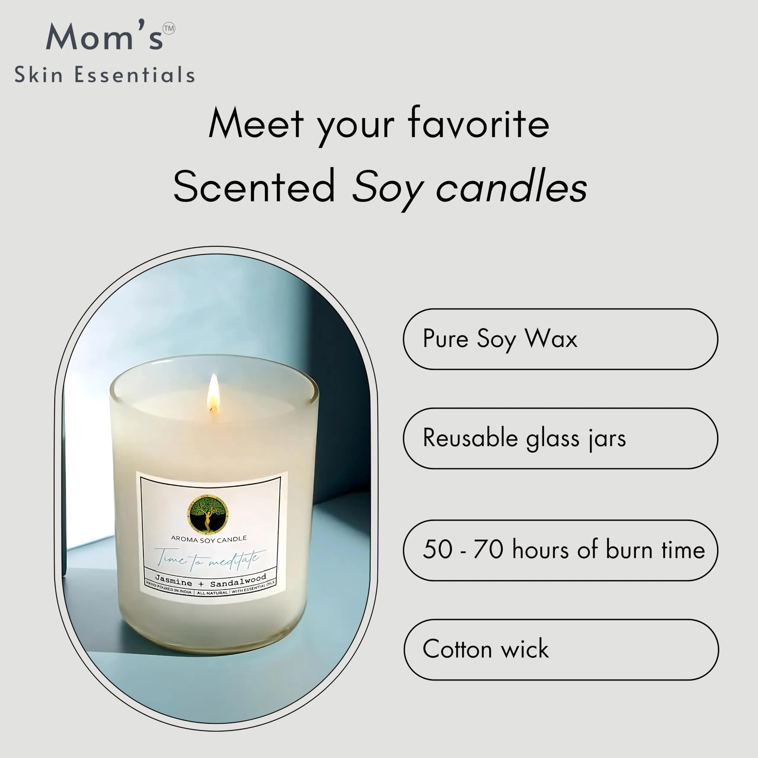 Mom's Skin Essentials Luxury Soy Wax Scented Candle 100% Soy Wax Smoke-Free Ideal for Home Decor, Gifting and Aromatherapy 435 gm (Sandalwood) Upto 50 Hours Burning Time