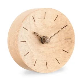 Navaris Small Modern Desk Clock - 4-3/8" Diameter Real Wood Analog Clock for Shelf, Table, Desktop - Silent Tick Battery Operated Clock - Light Brown