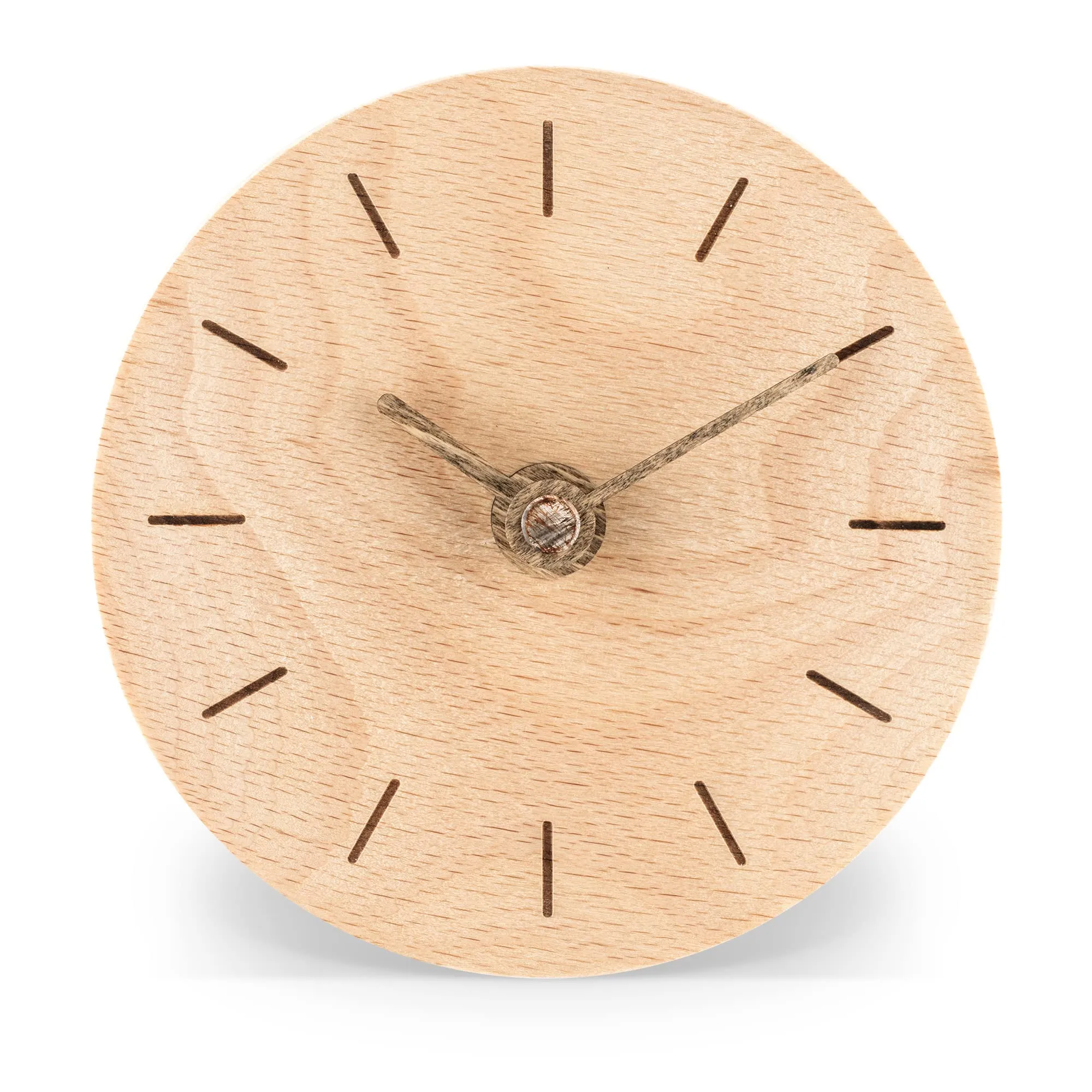 Navaris Small Modern Desk Clock - 4-3/8" Diameter Real Wood Analog Clock for Shelf, Table, Desktop - Silent Tick Battery Operated Clock - Light Brown